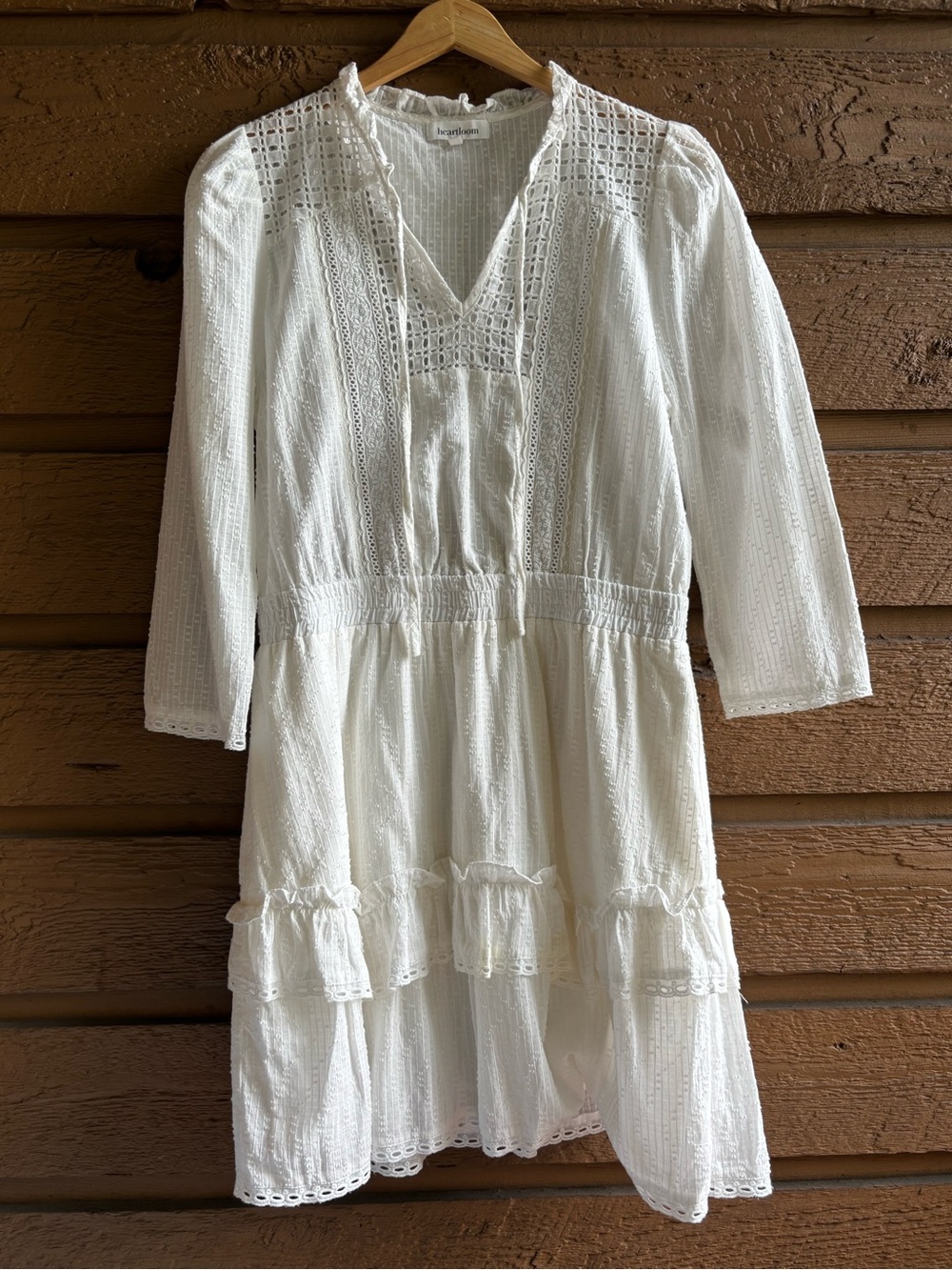 100% Cotton White Lace Trim Tiered Dress Size M